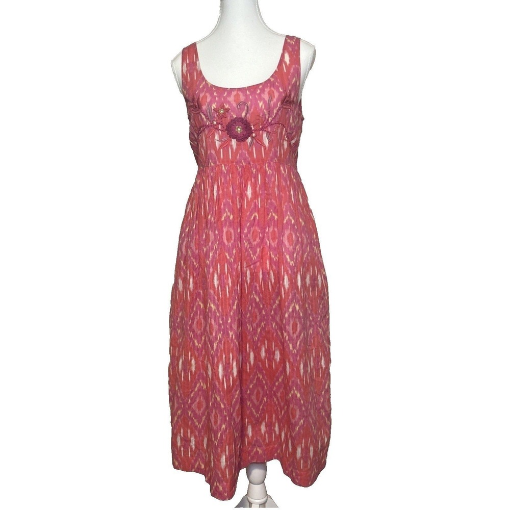April Cornell Ikat Midi Dress S Pink Embroidered Tie Waist Cottage Romantic‎
